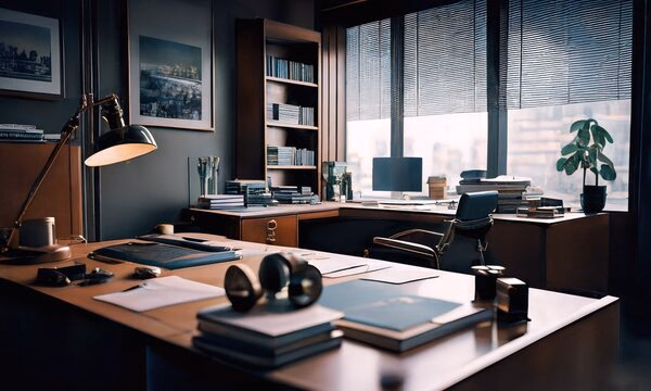 A private investigator's office at dusk, with case files and binoculars on the desk